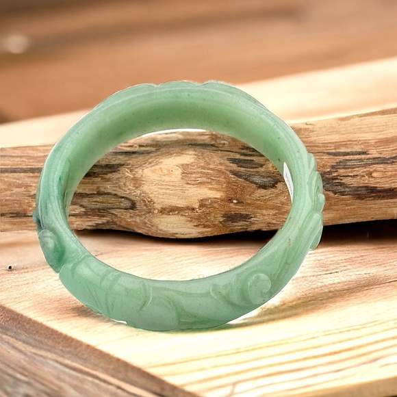 Healing Stones And Crystals Jewelry - Green Adventurine Dongling Jade 61mm Hand Carved Bangle Gemstone Bracelet
